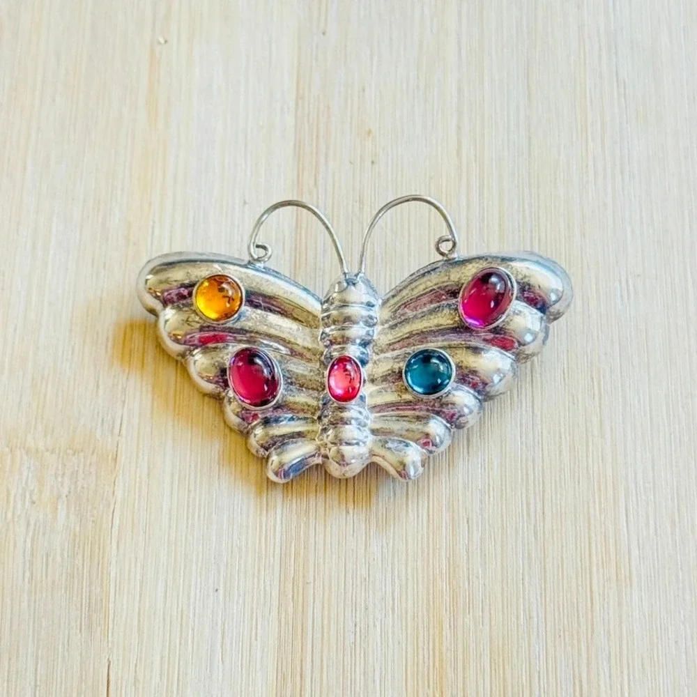 Art Deco Sterling Silver Butterfly Moth Brooch Pin VTG Candy Gemstone Cabochon